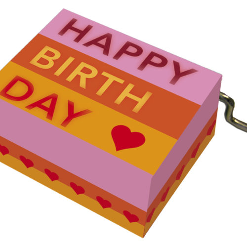 Muziekdoosje verjaardag roze oranje gestreept en melodie Happy Birthday