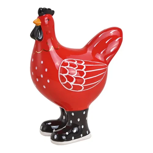 Beeldje rode kip met rubber laarzen 17cm hoog