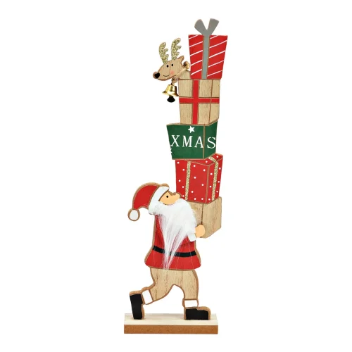 Houten kerstdecoratie kerstman met stapel cadeaus 30cm hoog