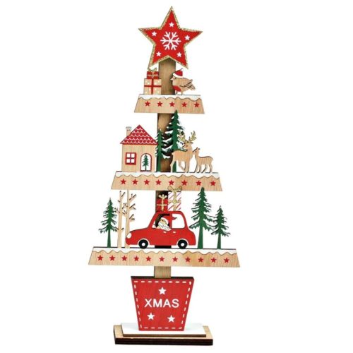 Kerstboom van hout 28 cm kerstsfeer met oa auto