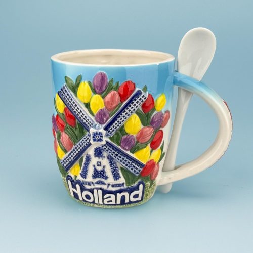 Mok met lepel keramiek 'zuiderzee' tulpen Holland - multicolor