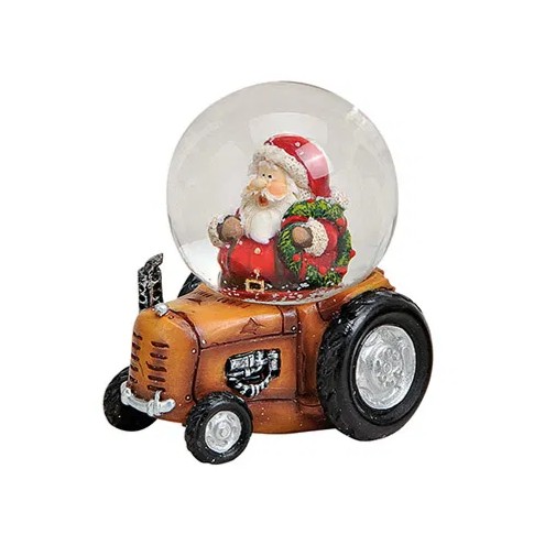 Kleine sneeuwbol kerst met tractor oranje